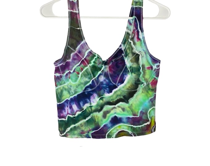 Geode Tie Dye Tank Top Shirt Women Medium Bustier Crop Corset Cute Beautiful Purple Green Wearable Art Free Shipping