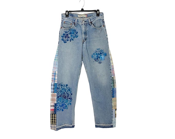 Levi's 550 Patchwork Jeans Womens Size 6 Waist 28 Plaid Custom Levis Upcycled