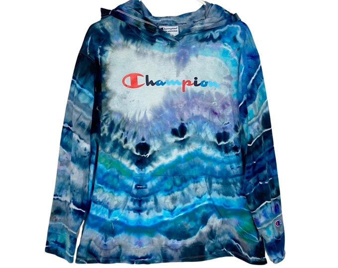 Champion Geode Tie Dye Hoodie Pullover Mens XL Unisex Blue Turquoise Navy Hooded