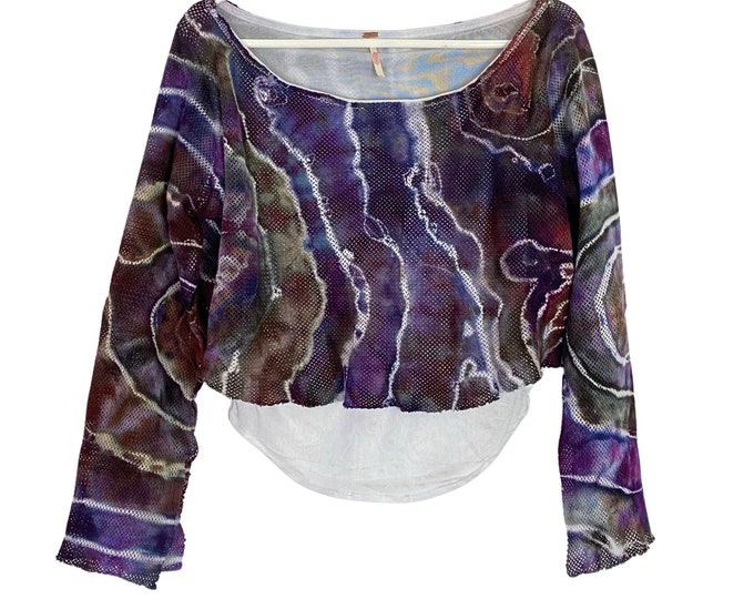 FP Free People Geode Tie Dye Mesh Crop Top Womens Size Large Medium Free Shipping Purple Top Long Sleeve Handmade Upcycled