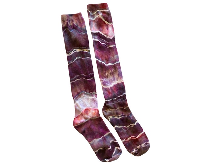 Handmade Tie Dye Knee High Socks Womens One Size Burgundy Red Pink Knee Highs Geode Tie Dye Ice Tie Dye