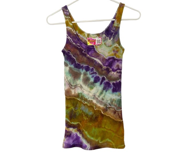 Upcycled Geode Ice Tie Dye Tank Top Womens Size XS Handmade Ribbed Colorful