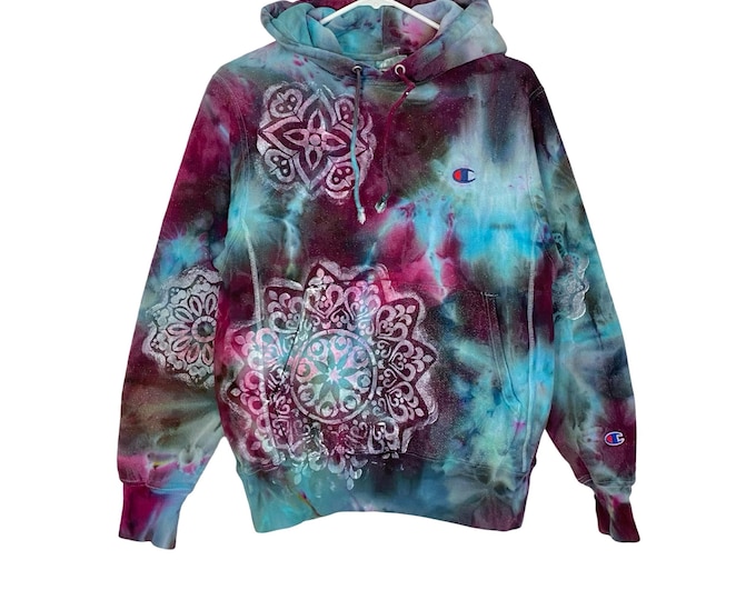 Upcycled Hoodie Sweatshirt Mens Small Unisex Pullover Tie Dye Stencil Pink Gray Upcycled Reverse Weave Hand Painted Mandala Free Shipping