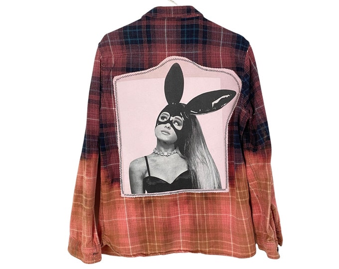 Ariana Grande Flannel Shirt Size Large Free Shipping Dangerous Woman Tour Reworked Ombre Bleached Plaid Button Down Shacket Handmade Pink