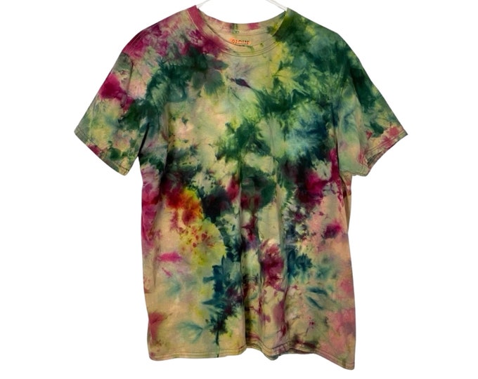 Handmade Tie Dye Tee T-Shirt Mens XL Unisex Scrunch Dye Green Pink Crewneck