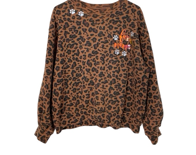 Handmade Fur Mama Sweatshirt Pullover Womens Large XL Reflective Leopard Print Crewneck Long Sleeve Neutral Tan Iridescent Free Shipping