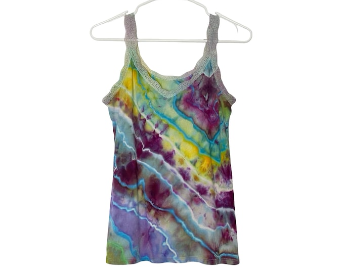 Handmade Ice Tie Dye Tank Top Shirt Womens Size Medium Upcycled Geode Lace Multi
