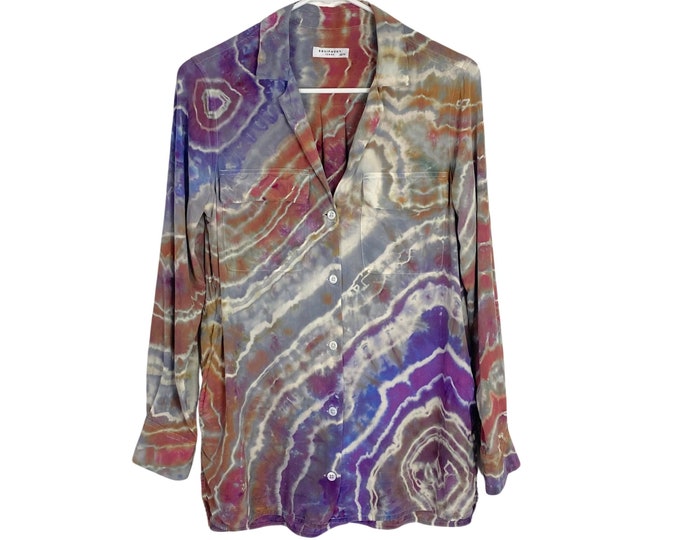 Equipment Silk Button Down Shirt Tunic Blouse Womens XS Pockets Long Sleeve Handmade Geode Tie Dye Purple Grey Orange