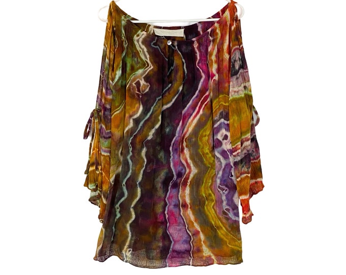 Jen's Pirate Booty Tie Dye Dress Tunic Top Womens One Size Medium Small Purple Gold Cotton Beach Cover Up Long Sleeve Geode Ice Tie Dye