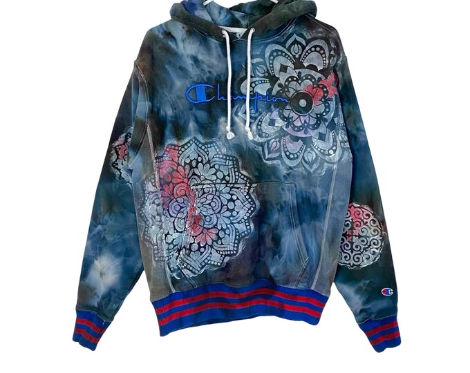Upcycled Hoodie Sweatshirt Pullover Mens Large Tie Dye Stencil Unisex Handmade Hand Painted Front Pocket Free Shipping