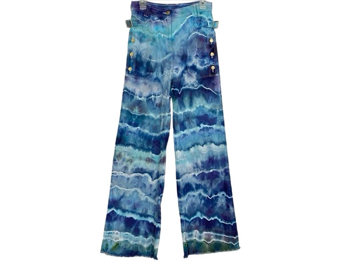 Ulla Johnson Wide Leg Flare Jeans High Rise Womens Size 8 Mixed Blue Ocean Waves Upcycled Handmade Tie Dye Free Shipping
