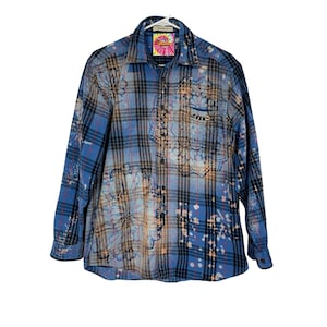 Handmade Stencil Flannel Shirt Womens Medium Bleached Plaid Button Down Floral Free Shipping