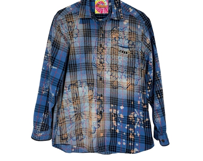 Handmade Stencil Flannel Shirt Womens Medium Bleached Plaid Button Down Floral Free Shipping