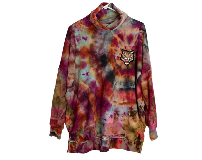 Embroidered Tiger Handmade Tie Dye Oversized Upcycled Custom Pullover Sweatshirt Turtleneck Tunic Recycled Womens Small Medium Free Shipping