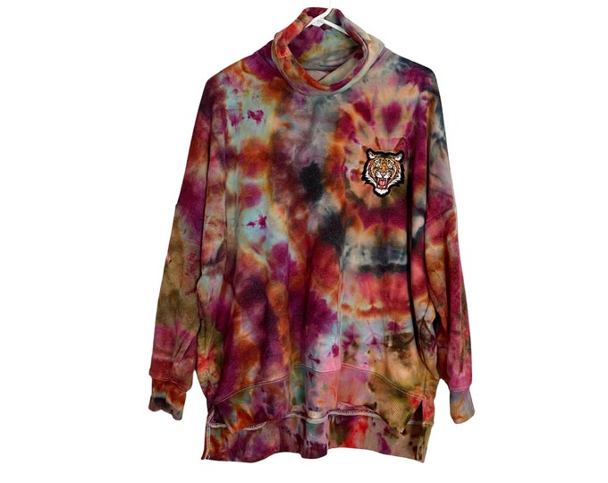 Embroidered Tiger Handmade Tie Dye Oversized Upcycled Custom Pullover Sweatshirt Turtleneck Tunic Recycled Womens Small Medium Free Shipping