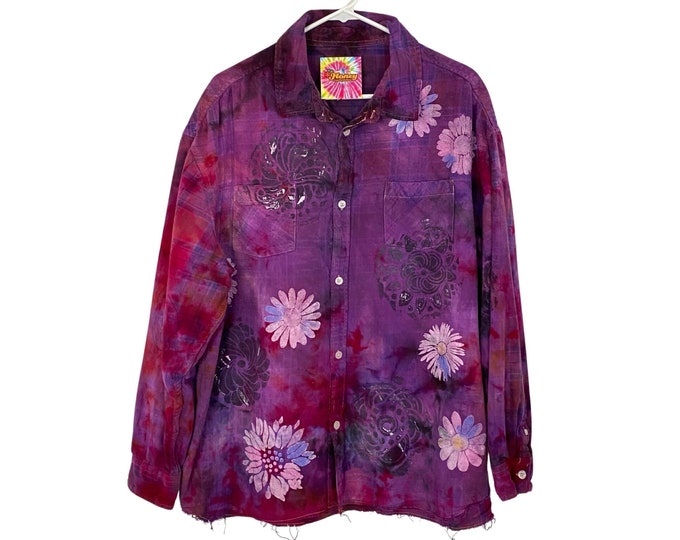 Boho Flannel Shirt Womens Plus Size XL XXL Free Shipping Hand Painted Daisy Farmhouse Bohemian Tie Dye Purple Pink Blouse Custom Handmade