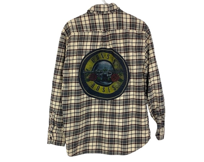 Guns N Roses Band Flannel Shirt Mens Large Unisex Free Shipping Button Down Long Sleeve Cream Grey Reworked Upcycled Bleached Plaid Handmade