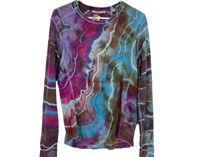 Thermal Shirt Geode Tie Dye Pullover Mens Small Unisex Long Sleeve Tee Handmade Blue Pink Multi Upcycled One Of Kind TShirt Free Shipping
