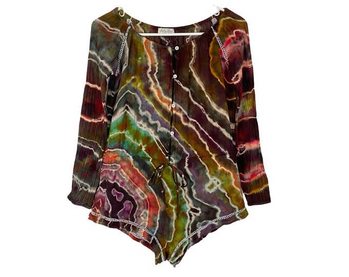 LSF LoveShackFancy Tie Dye Romper Womens Small XS Geode Brown Love Shack Fancy Playsuit Jumper Jumpsuit Brown Colorful Long Sleeve Outfit