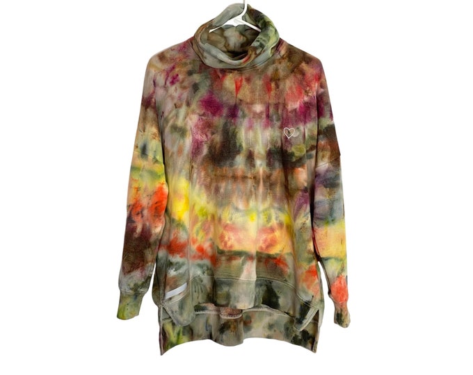 Reflective Handmade Tie Dyed Hearts Oversized Upcycled Custom Sweatshirt Turtleneck Tunic Recycled Womens Small Medium Free Shipping