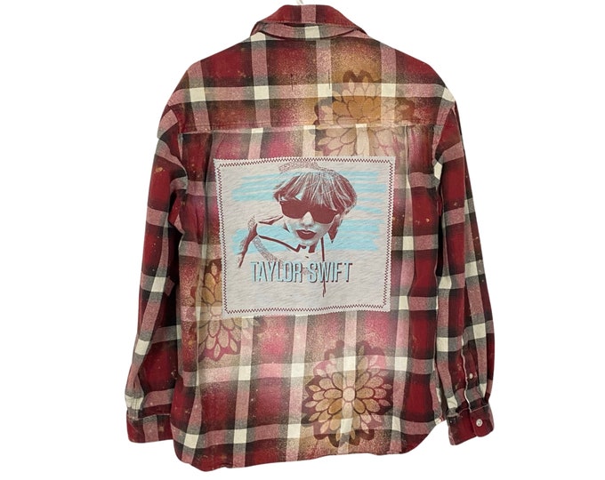 Taylor Swift Flannel Shirt Unisex Large XL Womens Mens Button Down Upcycled Floral Bleached One Of A Kind Handmade Free Shipping Red Grey