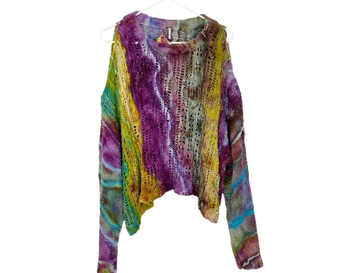 Free People Tie Dye Sweater Pullover Womens Small XS Oversized Colorful Multi Purple Yellow Green Long Sleeve Cold Shoulder FP Free Shipping