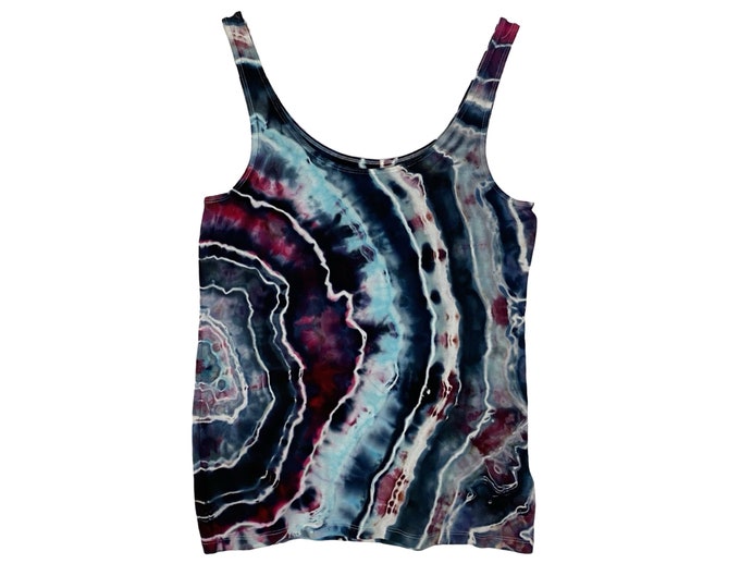 Handmade Geode Tie Dye Tank Top Shirt Womens Medium Navy Blue Aqua Grey Upcycled