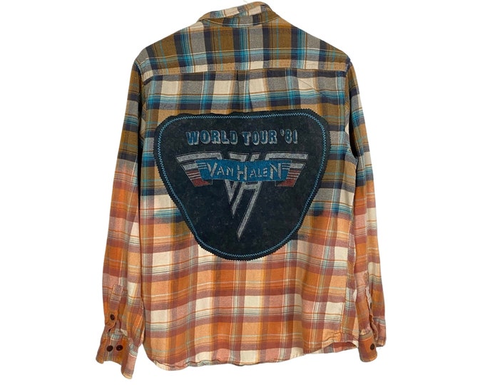 Van Halen Band Flannel Shirt Mens Medium Large Unisex Free Shipping Reworked Bleached Plaid Upcycled Handmade Long Sleeve Button Down Tan