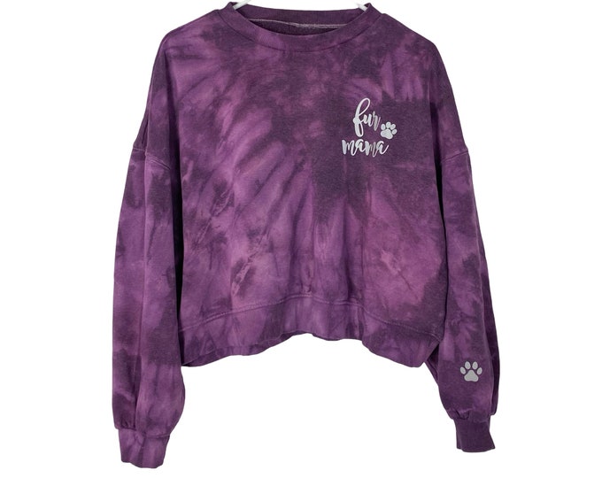 Fur Mama Tie Dye Sweatshirt Pullover Womens Large Medium Purple Fur Mama Cat Mom Dog Mom Reflective Handmade Upcycled Free Shipping