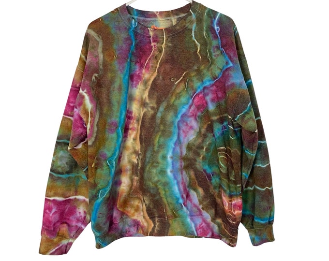 Handmade Geode Tie Dye Sweatshirt Pullover Womens Large Upcycled Turquoise Brown Pink Free Shipping