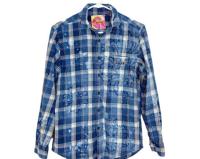 Handmade Boho Flannel Shirt Womens Small Denim Chambray Stencil Bleached Plaid Free Shipping