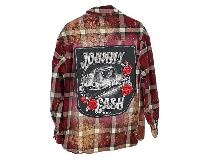 Johnny Cash Flannel Shirt Unisex Large XL Womens Mens Button Down Upcycled Floral Bleached One Of A Kind Handmade Free Shipping Red Grey