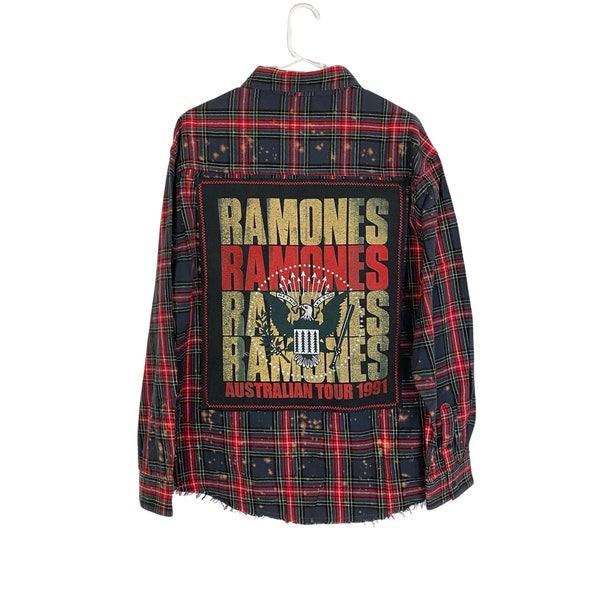 Ramones Band Flannel Shirt Mens Large Unisex Free Shipping 1234 Reworked Bleached Plaid Upcycled Handmade Long Sleeve Button Down Grey Red
