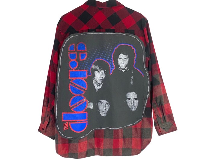 The Doors Band Flannel Shirt Mens Size Large XL Unisex Handmade Free Shipping Red Black Buffalo Plaid Reworked Bleached Upcycled Button Down