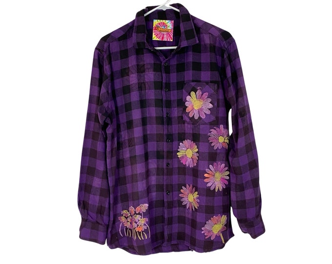 Boho Flannel Shirt Womens Large XL Free Shipping Hand Painted Daisy Farmhouse Bohemian Tie Dye Purple Black Plaid Blouse Custom Handmade
