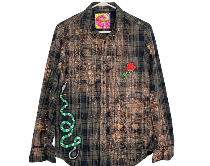 Handmade Boho Flannel Shirt Floral Stencil Bleached Plaid Womens XS Small Rose Snake Embroidered Free Shipping