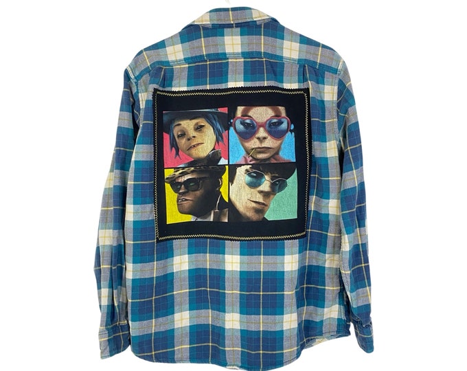 Gorillaz Band Flannel Shirt Mens Large Unisex Plaid Upcycled Handmade Blue Black Free Shipping