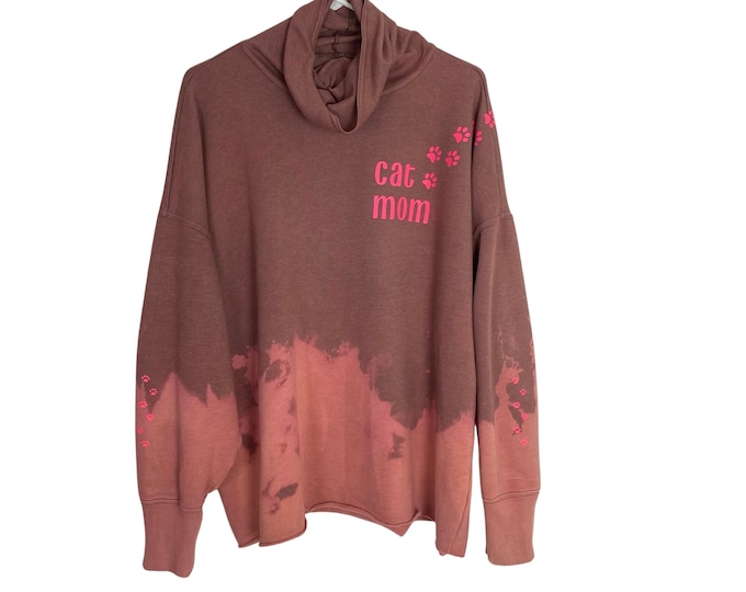 Handmade Cat Mom Sweatshirt Womens Plus XL XXL Free Shipping Oversized Pullover Turtleneck Pink Tan Ombre Tie Dye Upcycled