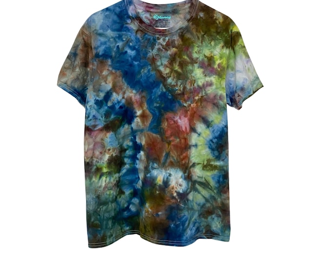 Handmade Tie Dye Tee T-Shirt Mens Large Unisex Green Blue Brown 90s Grunge Shirt Upcycled Crewneck Short Sleeves Cotton Tshirt Free Shipping