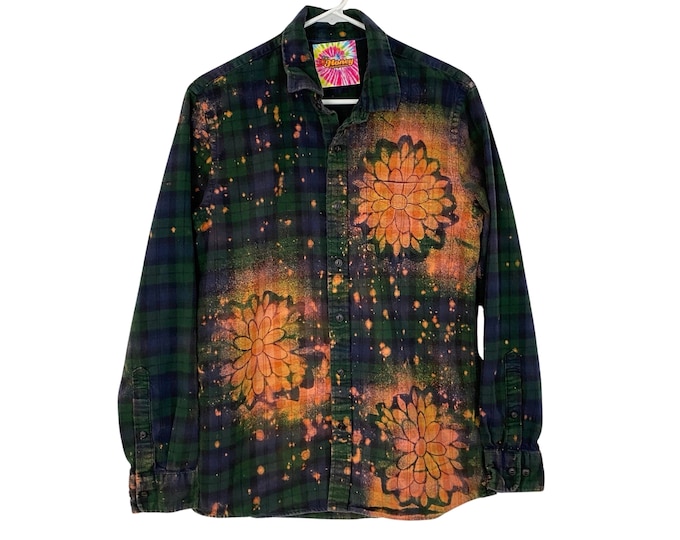 Handmade Boho Farmhouse Flannel Womens Medium Large Floral Bleached Plaid Button Down Shirt Oversized Blue Green Reworked Free Shipping