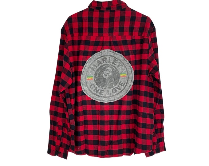 Bob Marley One Love Flannel Shirt Mens XL Unisex Handmade Free Shipping Red Black Buffalo Plaid Reworked Upcycled Button Down