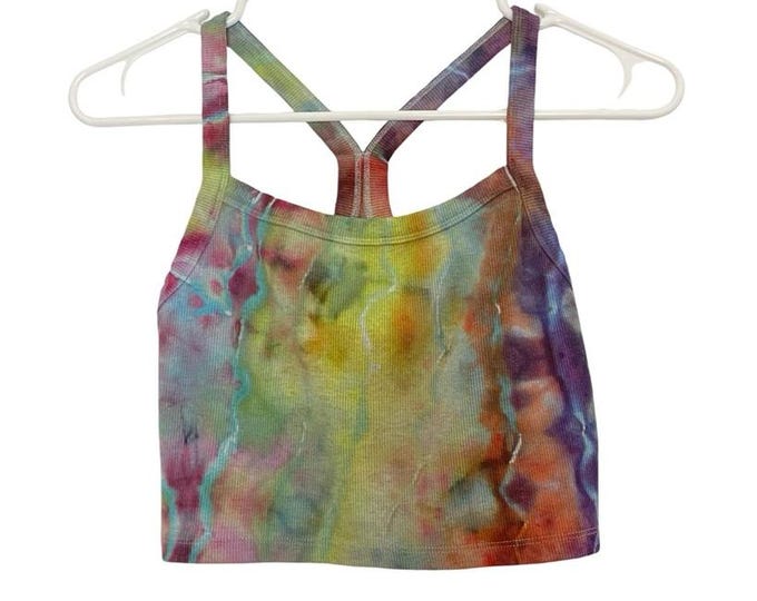Handmade Ice Tie Dye Crop Tank Top Womens Size Small Upcycled Blue Yellow Multi
