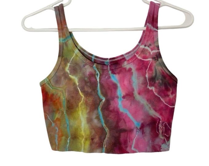 Upcycled Ice Tie Dye Tank Top Crop Womens Size Small Geode Crystal Multi Pink