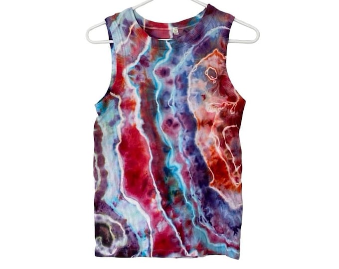 Upcycled Geode Ice Tie Dye Tank Top Womens Size Small Shirt Red Blue Pink Multi