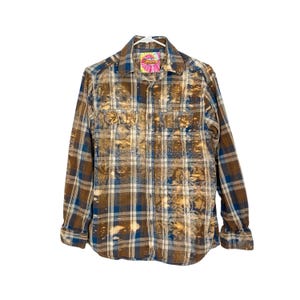 Handmade Boho Flannel Shirt Womens Small Stencil Splatter Bleached Plaid Brown Free Shipping