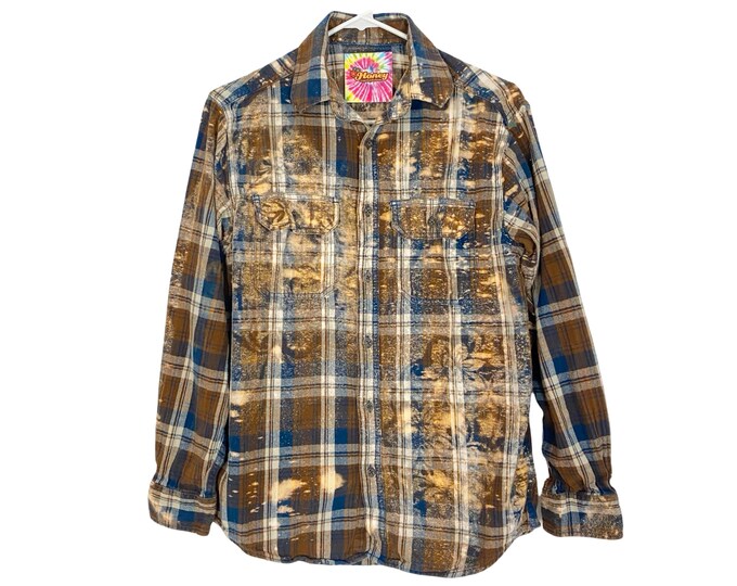 Handmade Boho Flannel Shirt Womens Small Stencil Splatter Bleached Plaid Brown Free Shipping