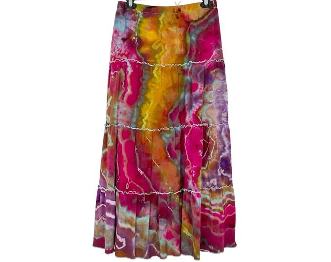 Handmade Geode Tie Dye Long Skirt Womens Size Small Colorful Midi Maxi Tiered Flare Rainbow Colorful Pink Yellow Wearable Art Free Shipping