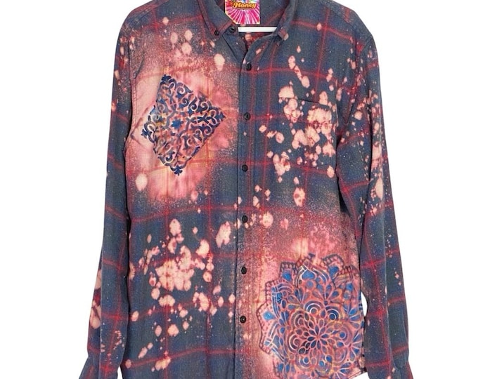 Handmade Floral Flannel Shirt Unisex Large Upcycled Bleached Plaid Button Down