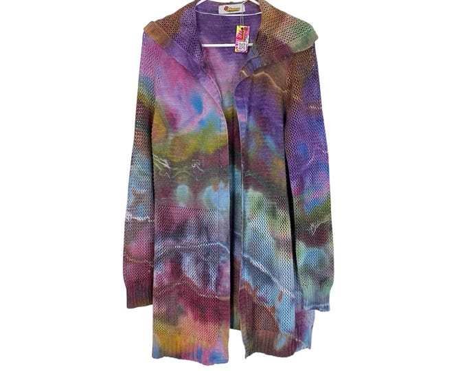 Handmade Ice Tie Dye Cardigan Sweater Jacket Womens Size Medium Colorful Hoodie Cotton Tunic One Of A Kind Wearable Art Pink Free Shipping