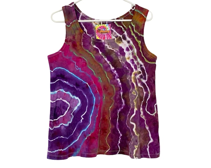 Handmade Geode Tie Dye Tank Top Womens Size XL Wide Strap Upcycled Pink Purple Free Shipping